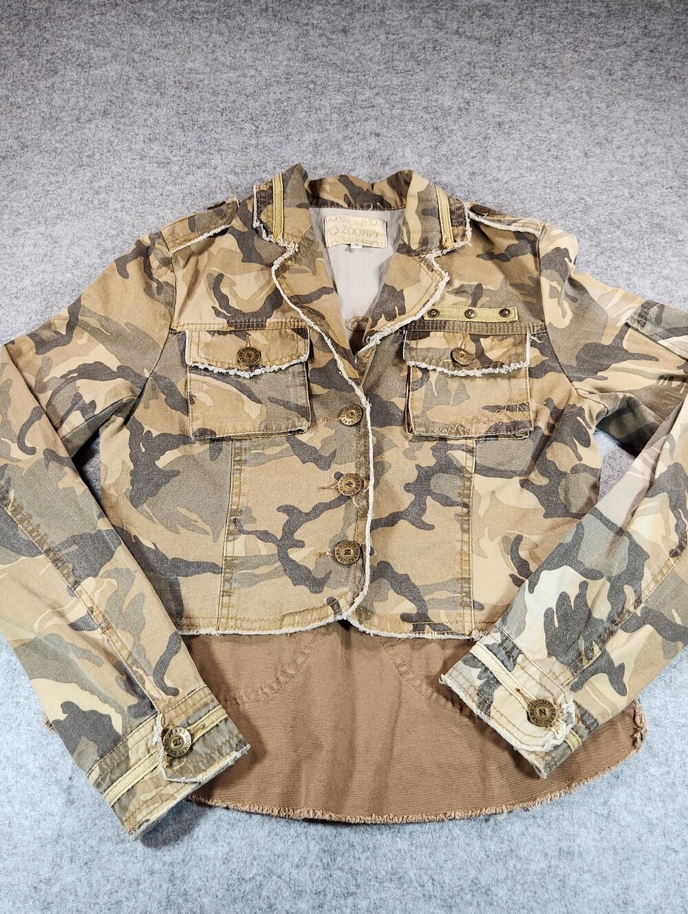 Zoompy Camo Utility Jacket Tan & Brown Sequin Phoenix Back Small